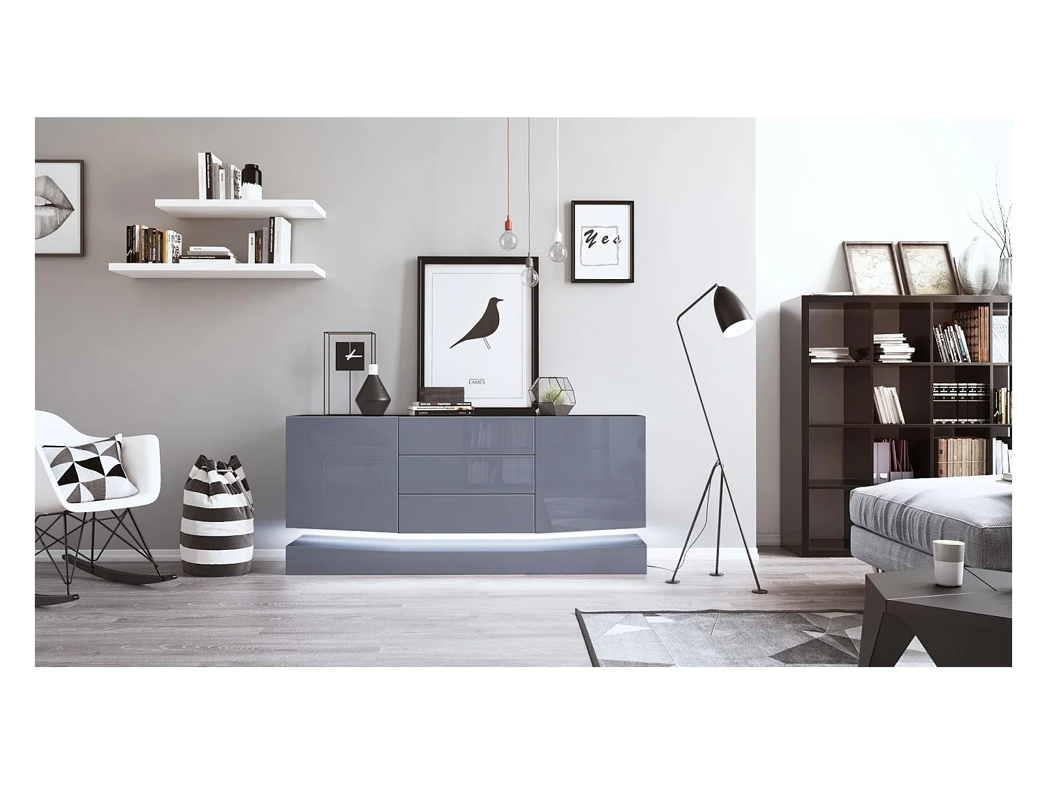 Sideboard City, noir mat/gris haute brillance y compris LED - Commode moderne pour votre salon (178 x 72 x 38 cm)