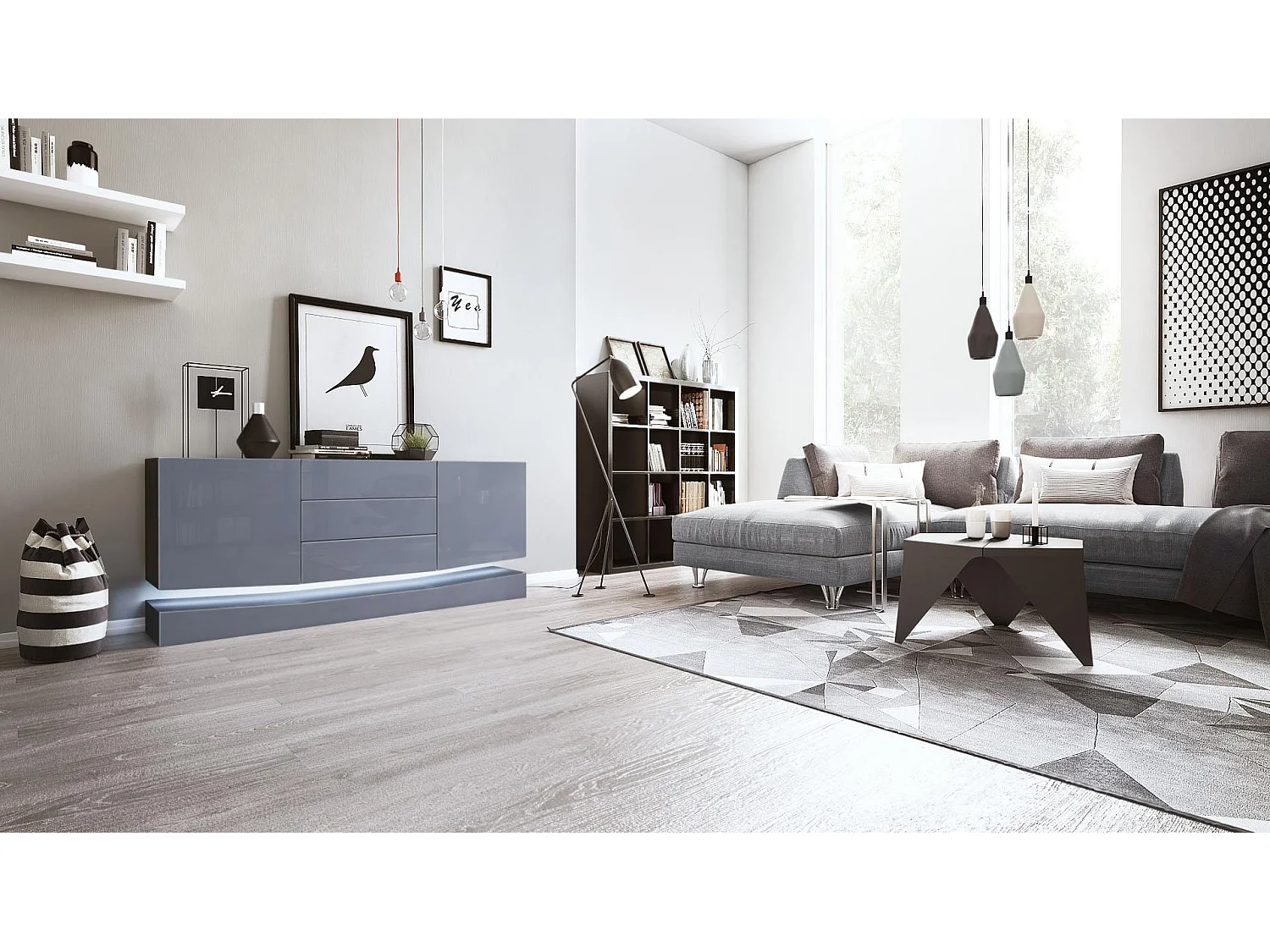 Vladon Sideboard City, nero opaco/grigio lucido incl. LED - Cassettiera moderna per la zona giorno (178 x 72 x 38 cm)