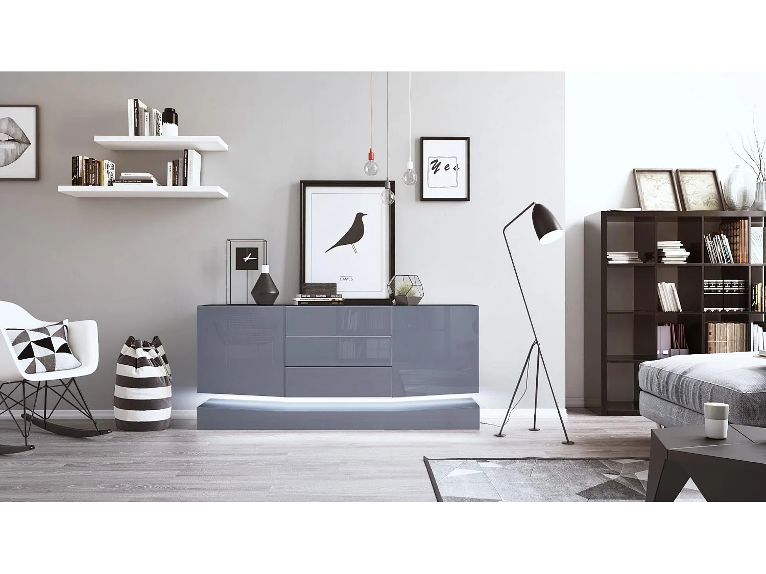 Vladon Sideboard City, nero opaco/grigio lucido incl. LED - Cassettiera moderna per la zona giorno (178 x 72 x 38 cm)