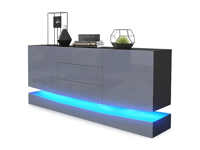 Vladon Sideboard City, nero opaco/grigio lucido incl. LED - Cassettiera moderna per la zona giorno (178 x 72 x 38 cm)