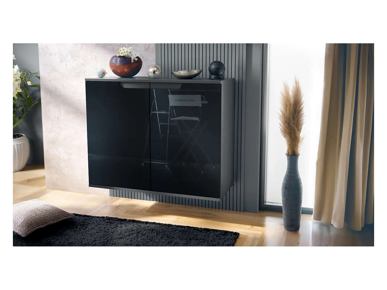 Commode Sylt V3, Buffet de Cuisine Moderne avec 2 Grandes Portes anthracite mat / noir haute brillance (92,5 x 73.5 x 35)