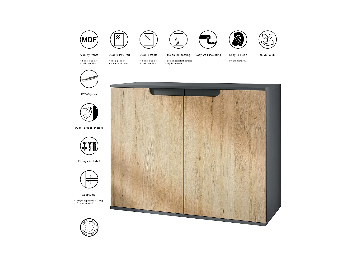 Commode Sylt V3, Buffet de Cuisine Moderne avec 2 Grandes Portes anthracite mat / noir haute brillance (92,5 x 73.5 x 35)