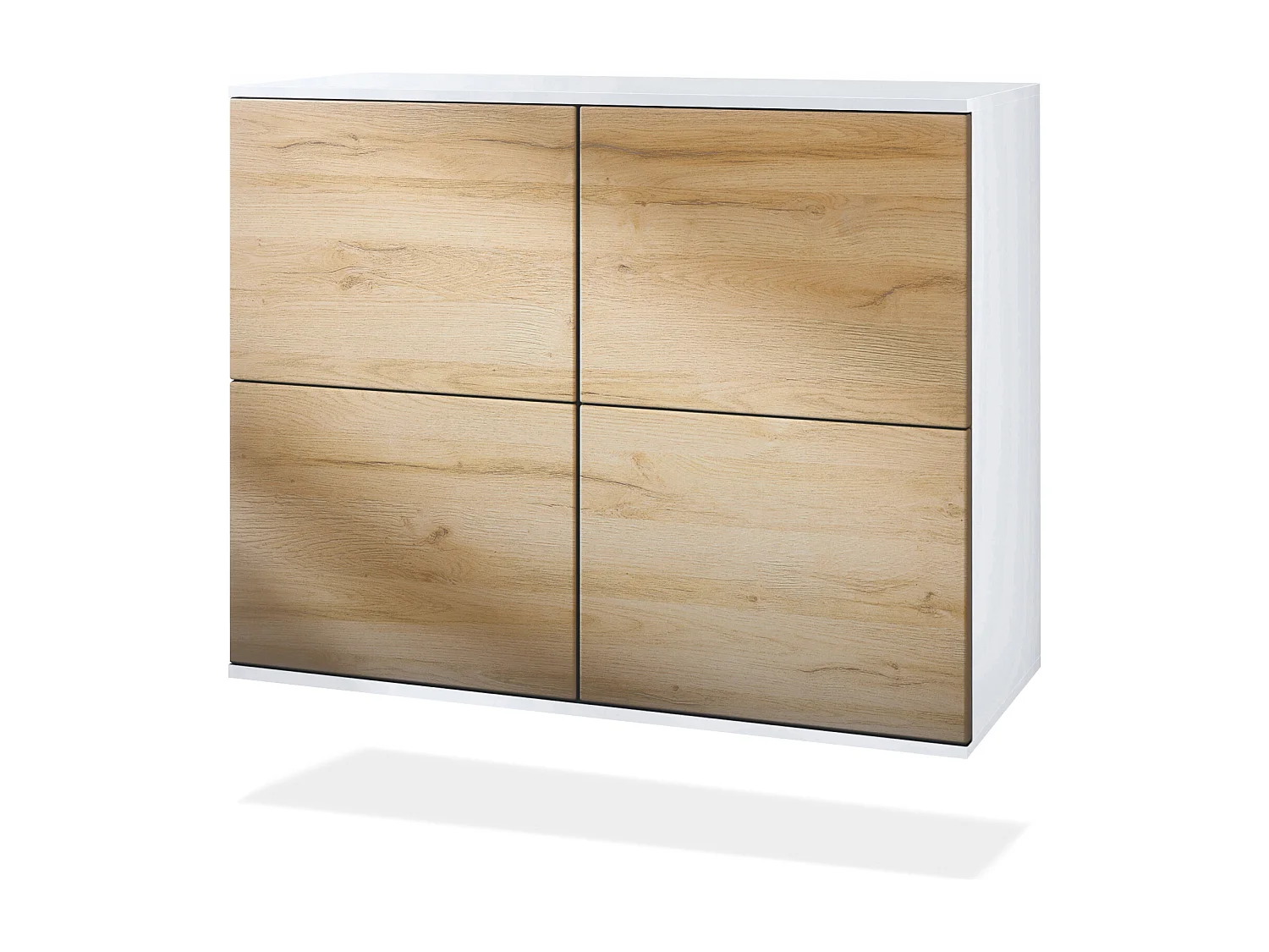 Aparador Rova V3 – Armario de cocina moderno con 4 puertas Push-to-Open blanco mate / roble natural (92,5 x 73.5 x 35)