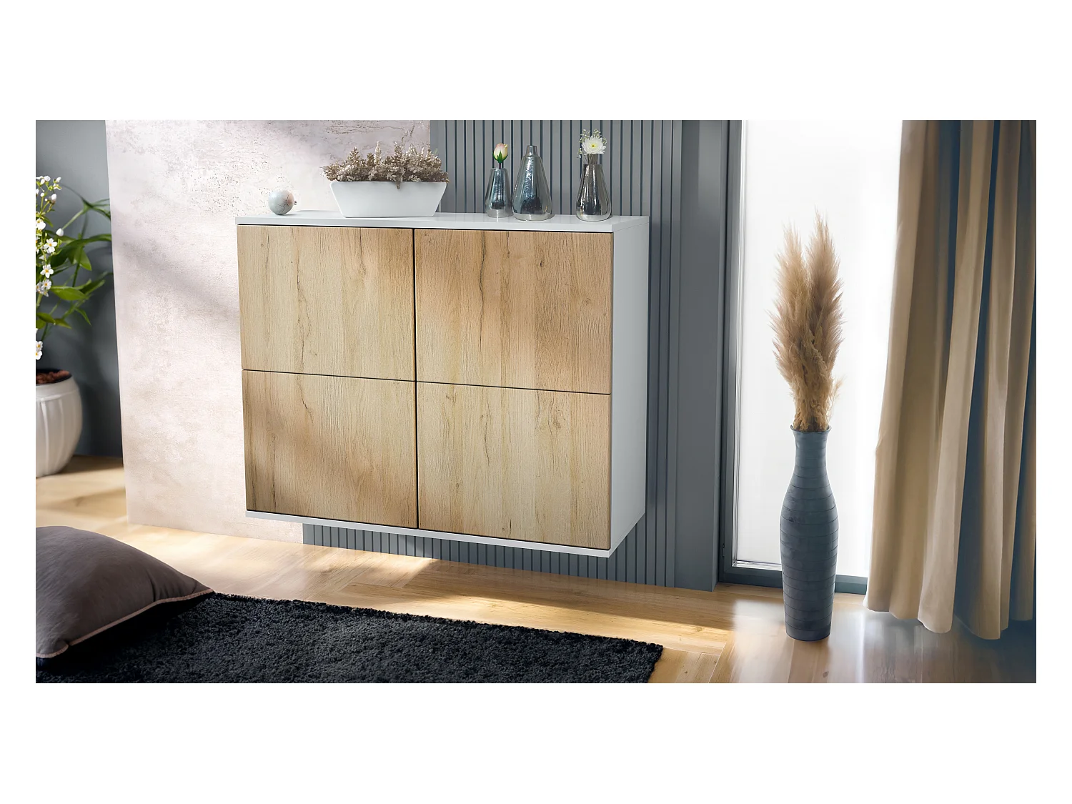 Aparador Rova V3 – Armario de cocina moderno con 4 puertas Push-to-Open blanco mate / roble natural (92,5 x 73.5 x 35)