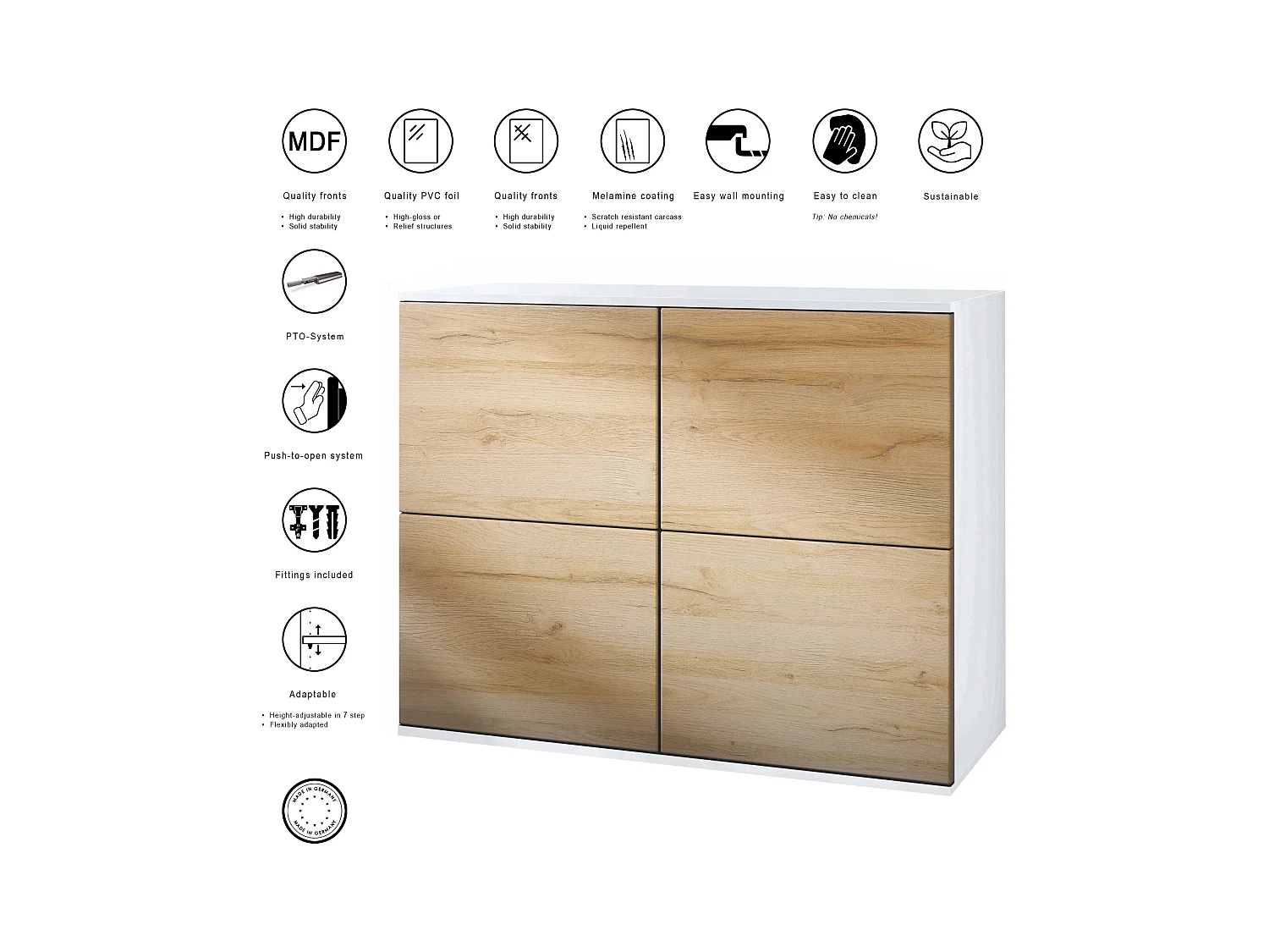 Aparador Rova V3 – Armario de cocina moderno con 4 puertas Push-to-Open blanco mate / roble natural (92,5 x 73.5 x 35)