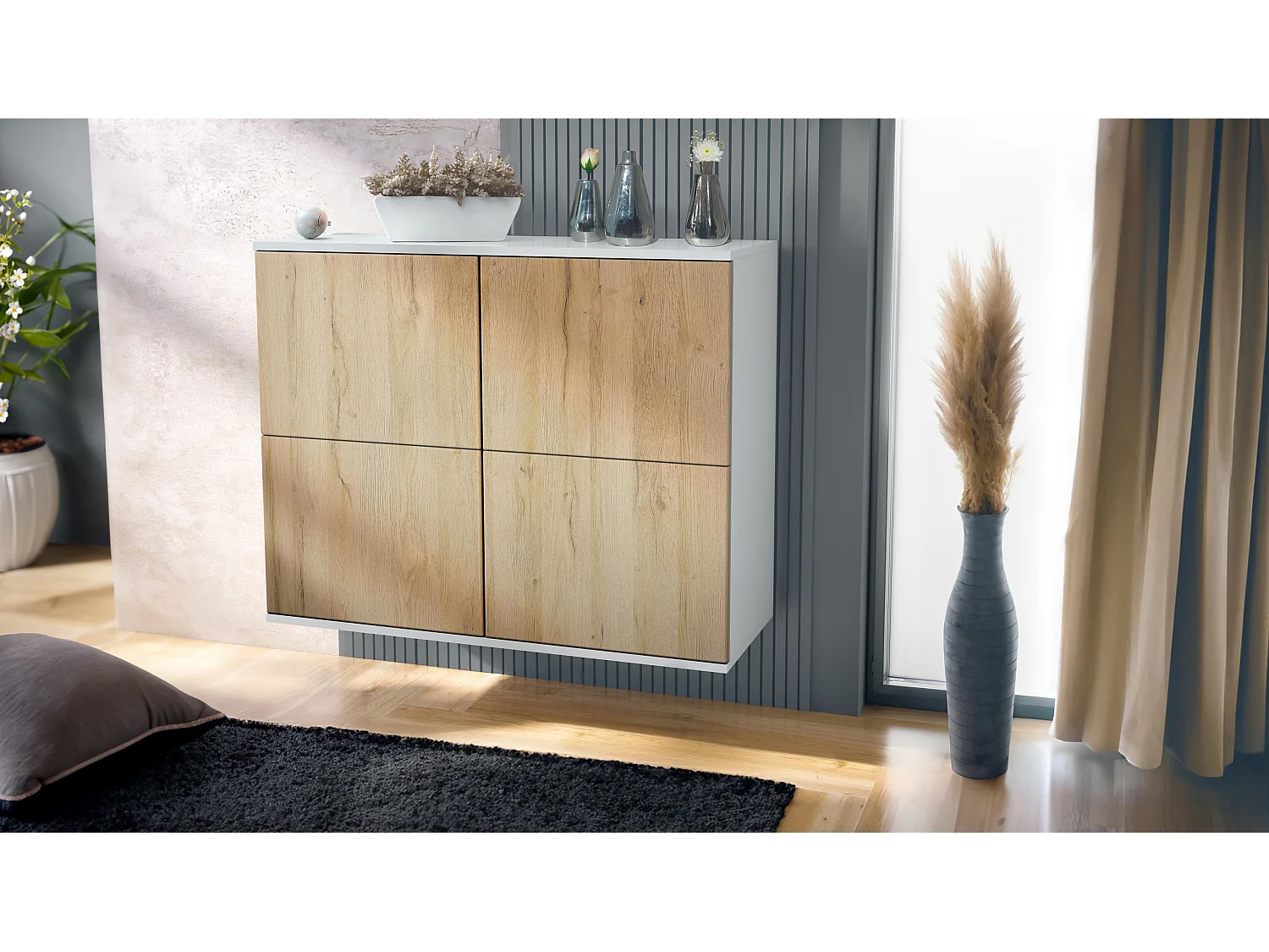 Credenza Rova V3 – Mobile da cucina moderno con 4 ante Push-to-Open bianco opaco / rovere naturale (92,5 x 73.5 x 35)