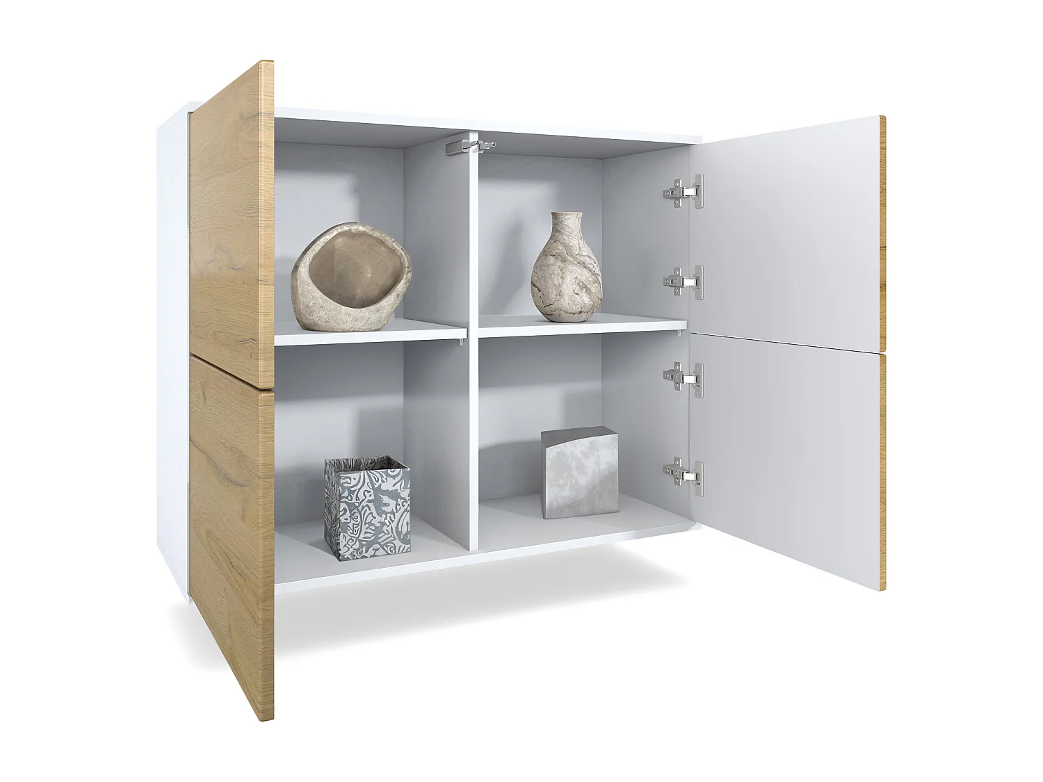Credenza Rova V3 – Mobile da cucina moderno con 4 ante Push-to-Open bianco opaco / rovere naturale (92,5 x 73.5 x 35)