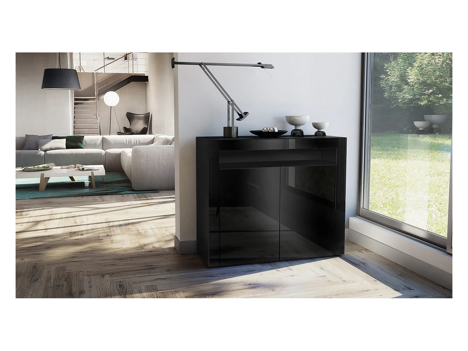 Buffet Valencia, Commode avec 2 portes et 1 compartiment ouvert, Noir mat/noir haute brillance/noir haute brillance (108 x 92 x 40 cm)