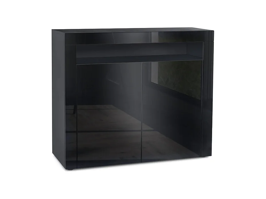 Buffet Valencia, Commode avec 2 portes et 1 compartiment ouvert, Noir mat/noir haute brillance/noir haute brillance (108 x 92 x 40 cm)