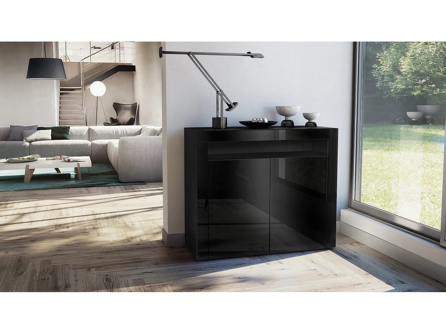 Mobiletto  City, credenza con 2 ante e 1 scomparto aperto, nero opaco/nero lucido/nero lucido (108 x 92 x 40 cm)
