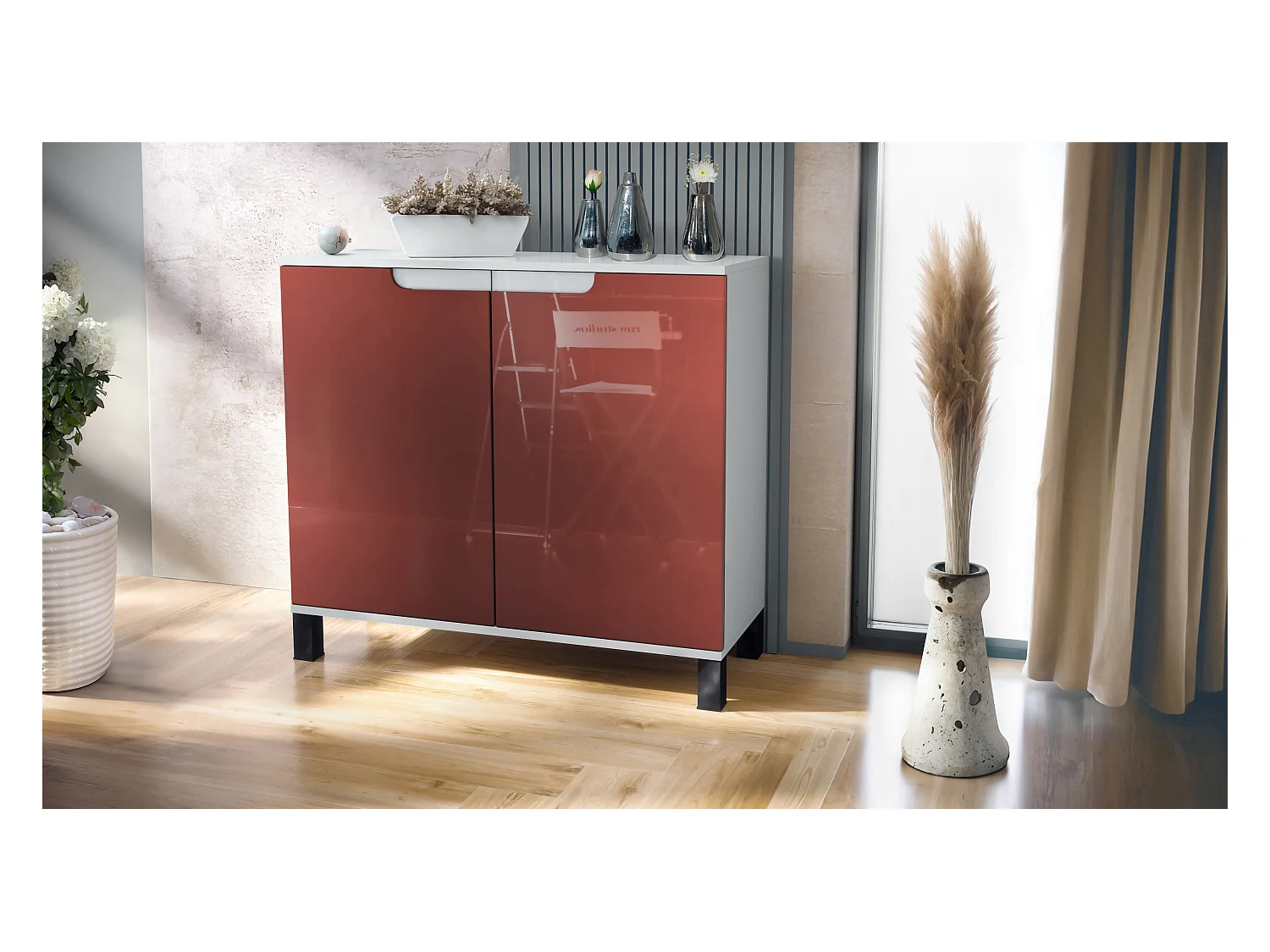 Commode Sylt V3, Buffet de Cuisine Moderne avec 2 Grandes Portes blanc mat / bordeaux haute brillance (92,5 x 84.5 x 35)