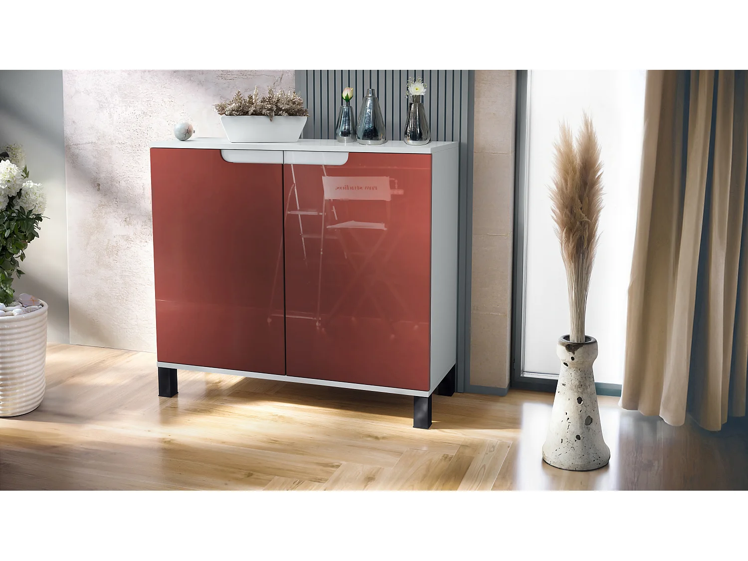 Credenza Sylt V3, Mobile da Cucina Moderno con 2 Grandi Ante bianco opaco / bordeaux lucido (92,5 x 84.5 x 35)