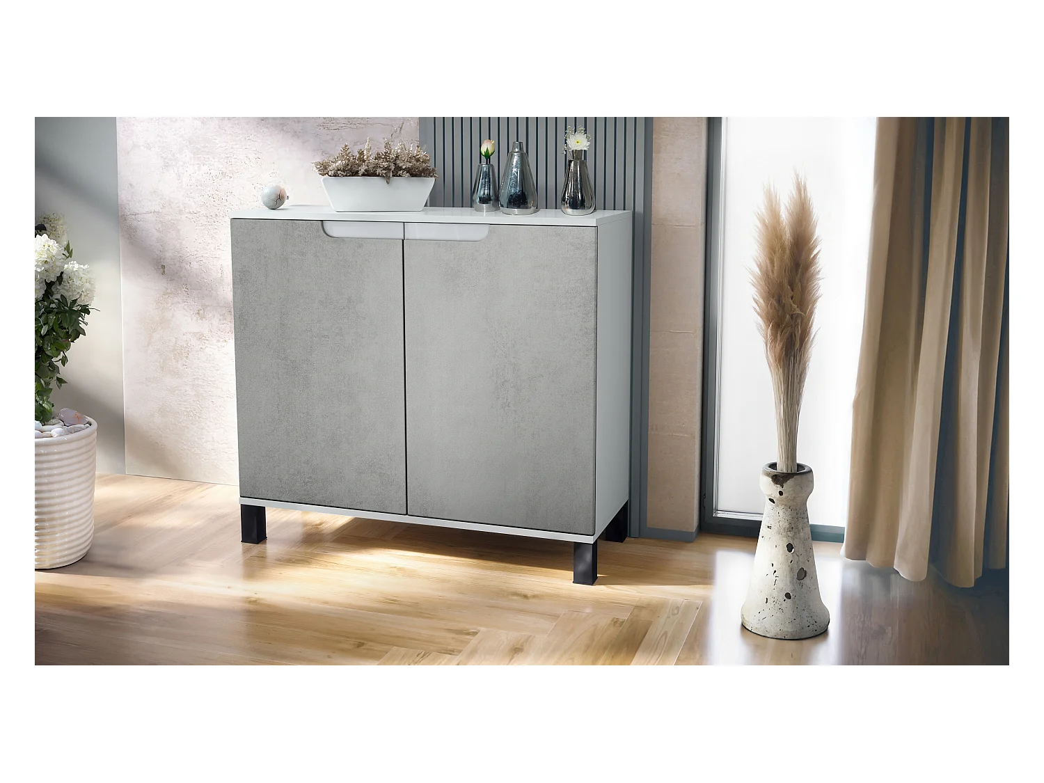 Commode Sylt V3, Buffet de Cuisine Moderne avec 2 Grandes Portes blanc mat / aspect béton oxyde (92,5 x 84.5 x 35)