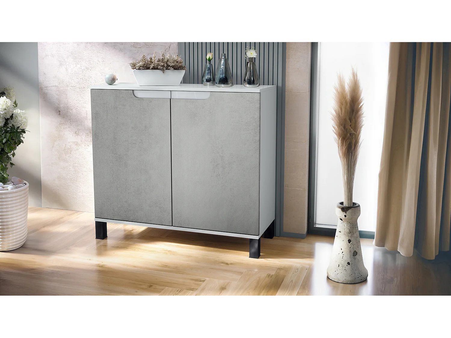 Credenza Sylt V3, Mobile da Cucina Moderno con 2 Grandi Ante bianco opaco / ottica cermento ossido (92,5 x 84.5 x 35)