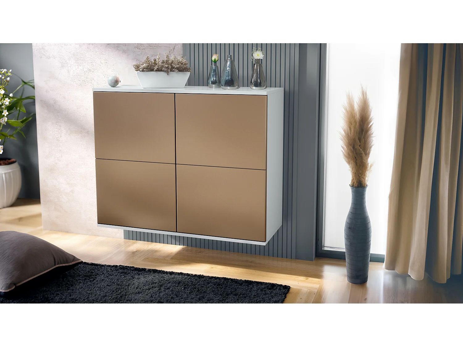 Credenza Rova V3 – Mobile da cucina moderno con 4 ante Push-to-Open bianco opaco / ottica bronzo (92,5 x 73.5 x 35)