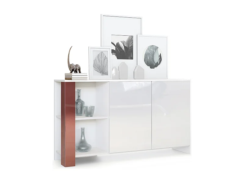 Credenza Canto, credenza lunga a 2 ante e 6 vani, mobile bianco opaco, frontali bianchi lucidi, pannelli decorativi bordeaux lucido (143 x 81 x 36 cm)