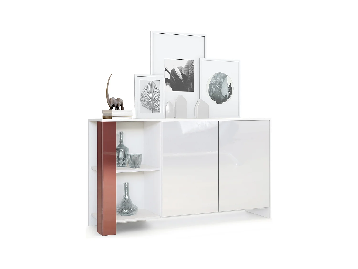 Buffet Canto, long bahut avec 2 portes et 6 compartiments, corps blanc mat, façades blanc brillant, panneaux décoratifs bordeaux haute brillance (143 x 81 x 36 cm)