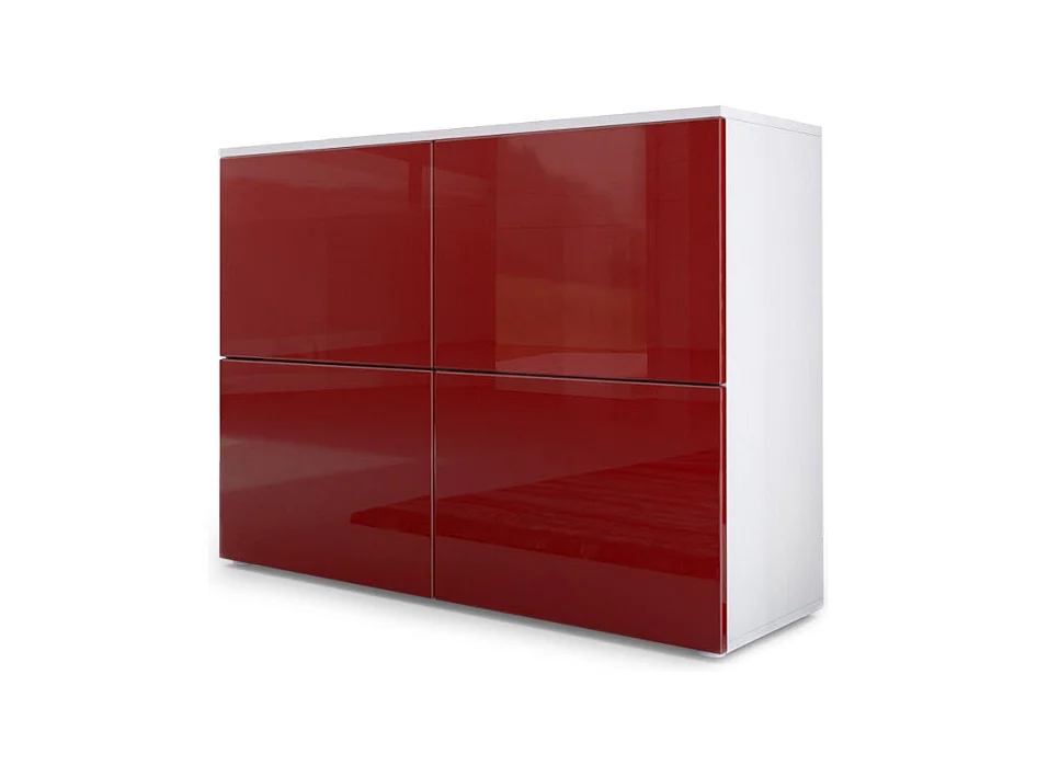 Buffet Rova, Commode avec 4 portes, Blanc mat/Bordeaux haute brillance (92 x 72 x 35 cm)