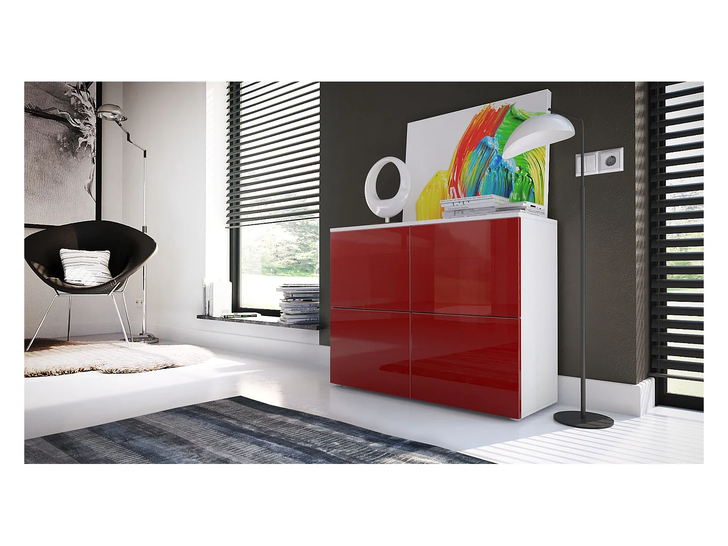 Buffet Rova, Commode avec 4 portes, Blanc mat/Bordeaux haute brillance (92 x 72 x 35 cm)