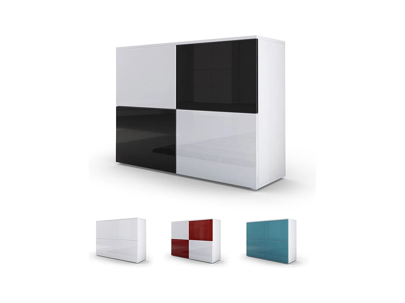 Buffet Rova, Commode avec 4 portes, Blanc mat/Bordeaux haute brillance (92 x 72 x 35 cm)