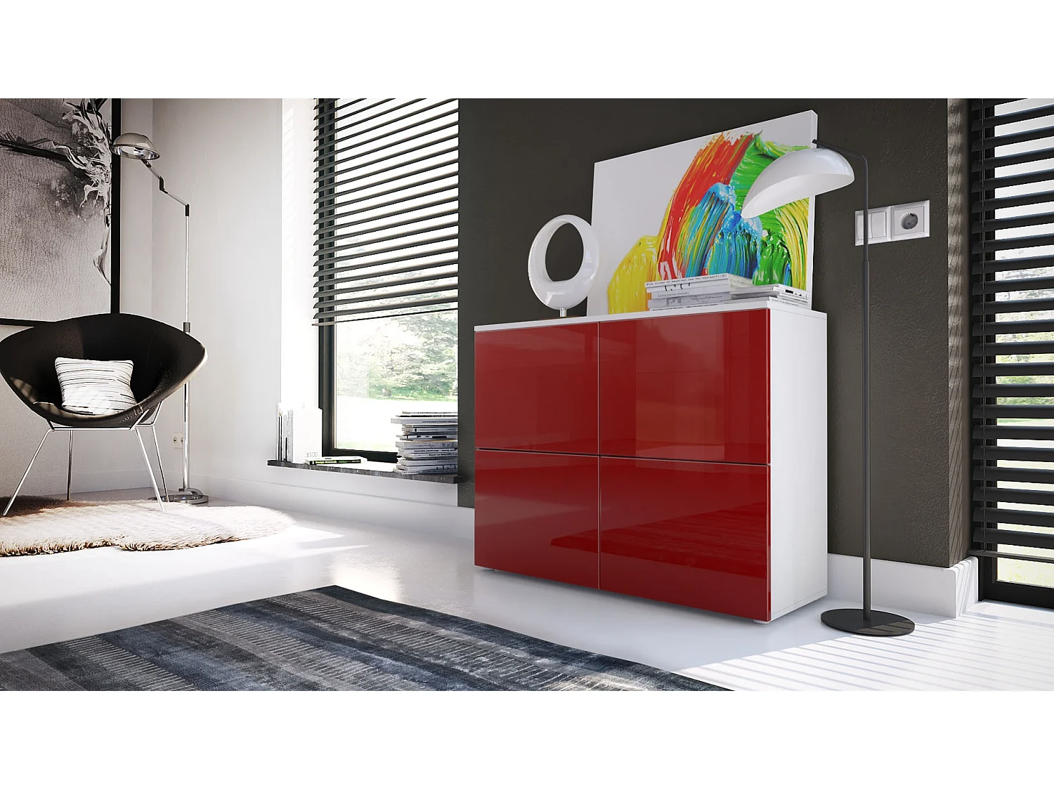 Buffet Rova, Commode avec 4 portes, Blanc mat/Bordeaux haute brillance (92 x 72 x 35 cm)