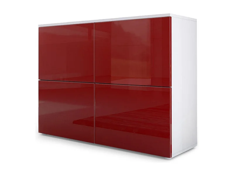 Buffet Rova, Commode avec 4 portes, Blanc mat/Bordeaux haute brillance (92 x 72 x 35 cm)