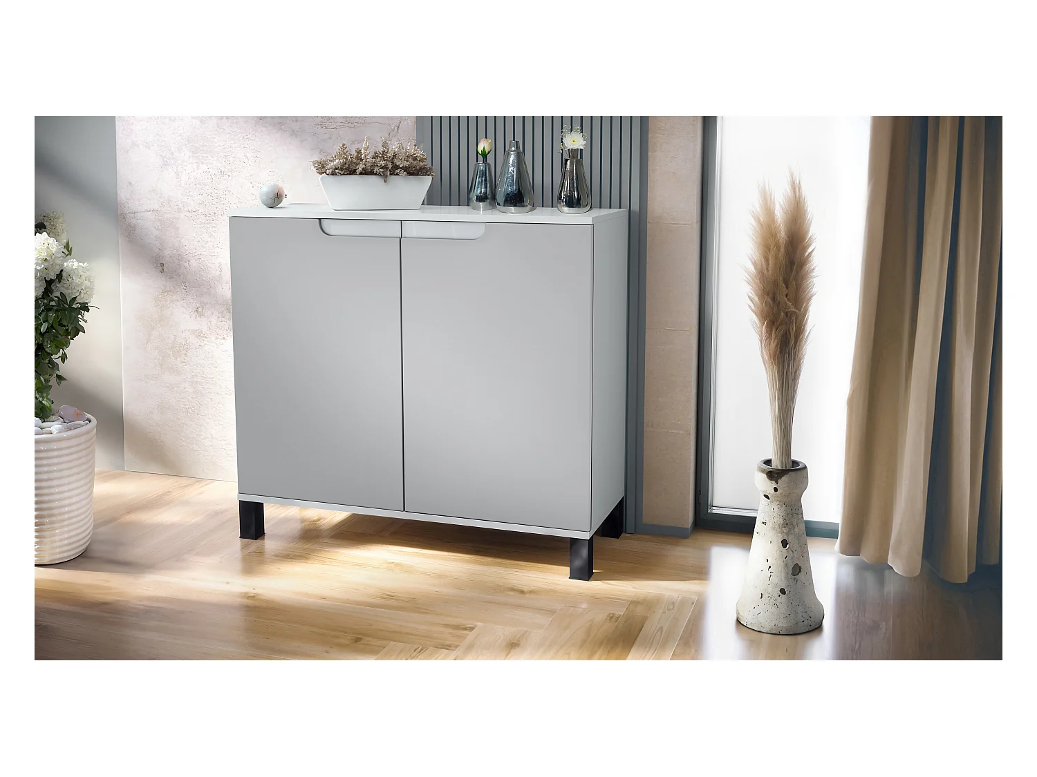 Commode Sylt V3, Buffet de Cuisine Moderne avec 2 Grandes Portes blanc mat / gris clair satiné mat (92,5 x 84.5 x 35)