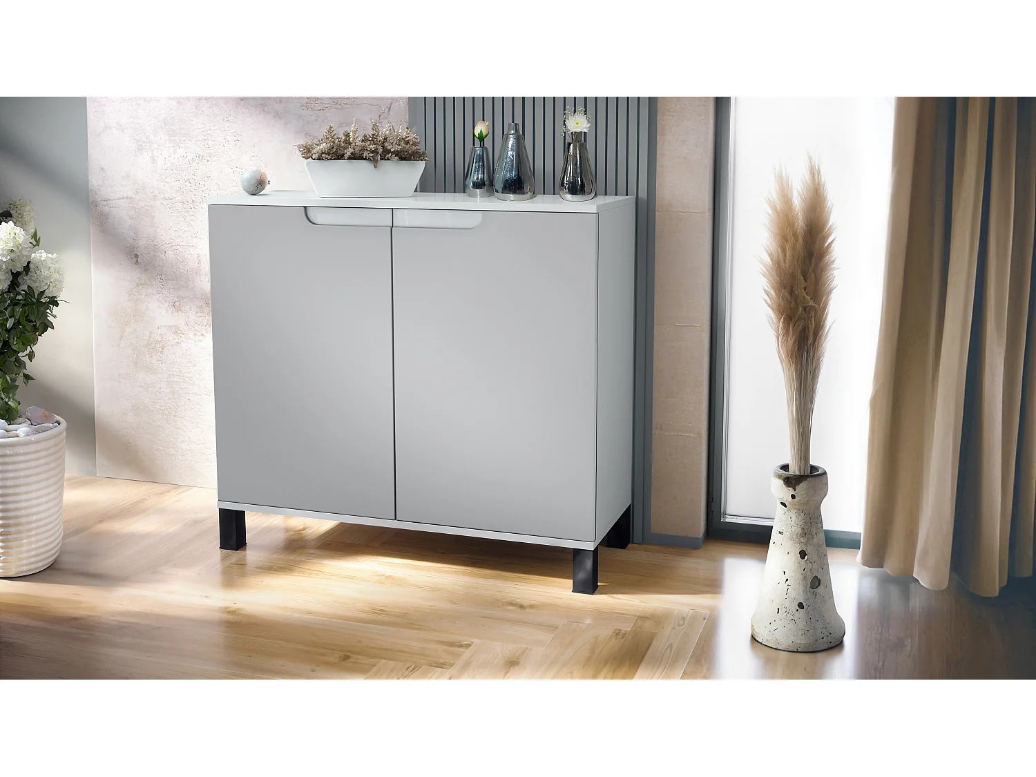 Credenza Sylt V3, Mobile da Cucina Moderno con 2 Grandi Ante bianco opaco / grigio chiaro semilucido (92,5 x 84.5 x 35)