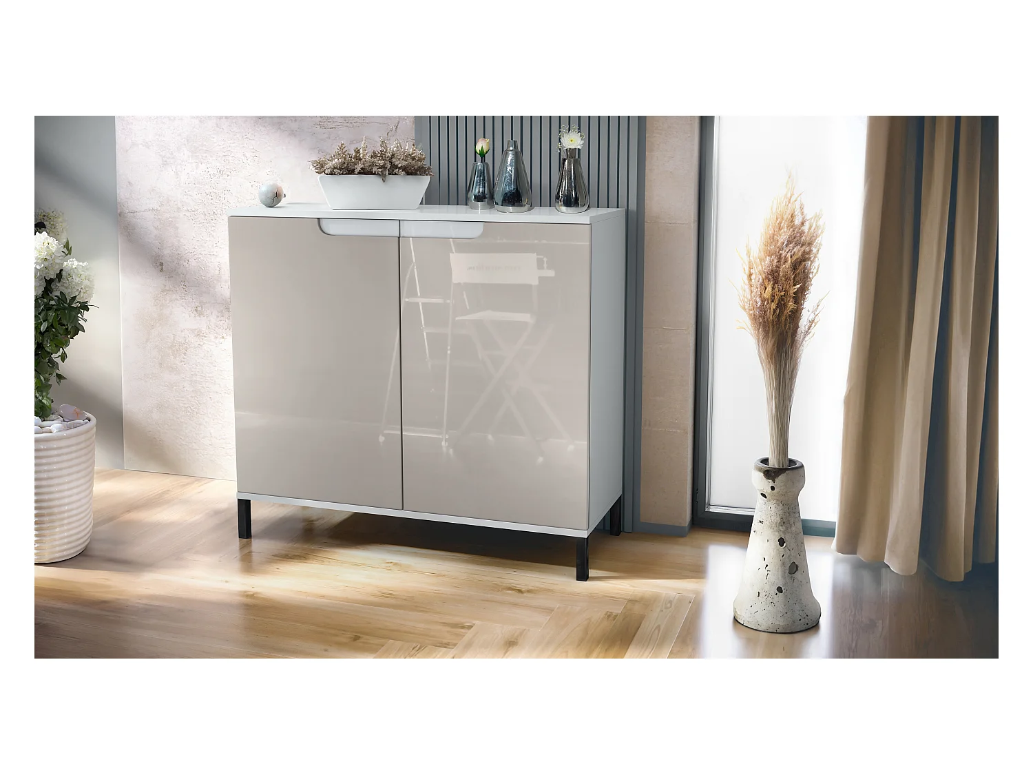 Commode Sylt V3, Buffet de Cuisine Moderne avec 2 Grandes Portes blanc mat / gris sable haute brillance (92,5 x 83.5 x 35)