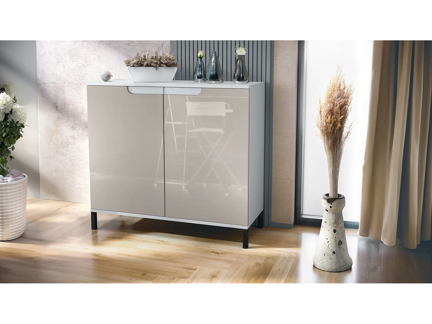 Credenza Sylt V3, Mobile da Cucina Moderno con 2 Grandi Ante bianco opaco / grigio sabbia lucido (92,5 x 83.5 x 35)