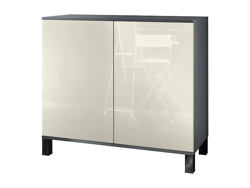 Commode Skadu V3, Buffet de Cuisine Moderne avec 2 Grandes Portes anthracite mat / crème haute brillance (92,5 x 84.5 x 35)