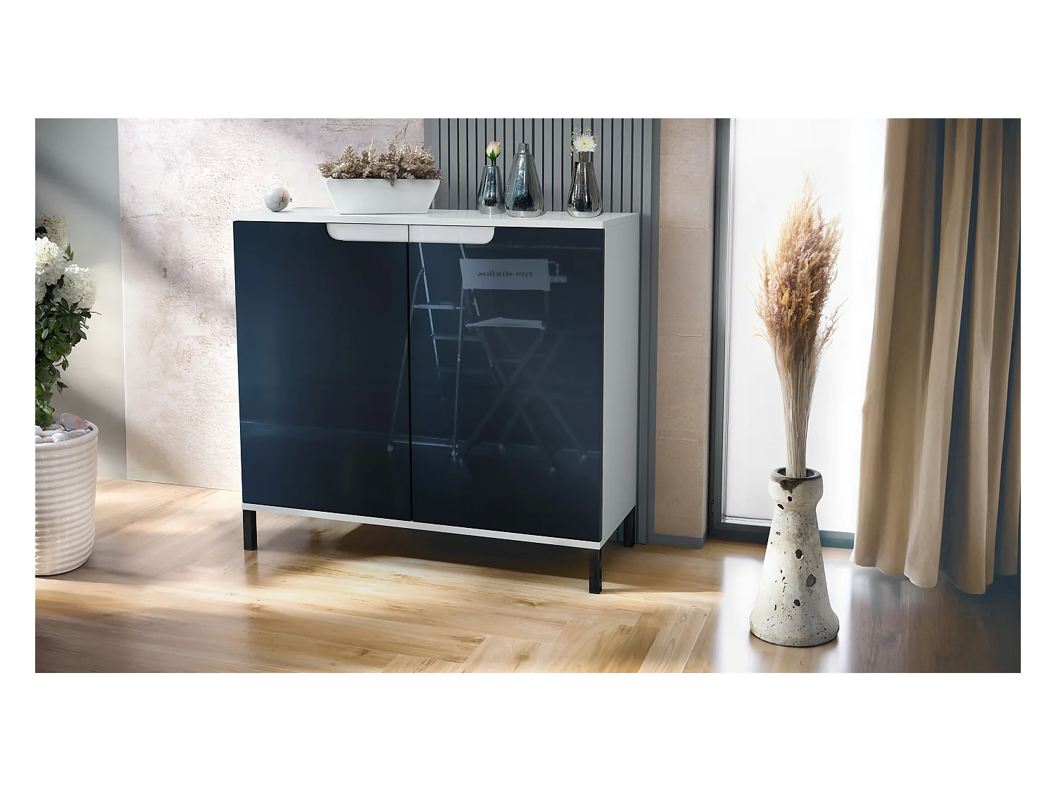 Commode Sylt V3, Buffet de Cuisine Moderne avec 2 Grandes Portes blanc mat / noir haute brillance (92,5 x 83.5 x 35)