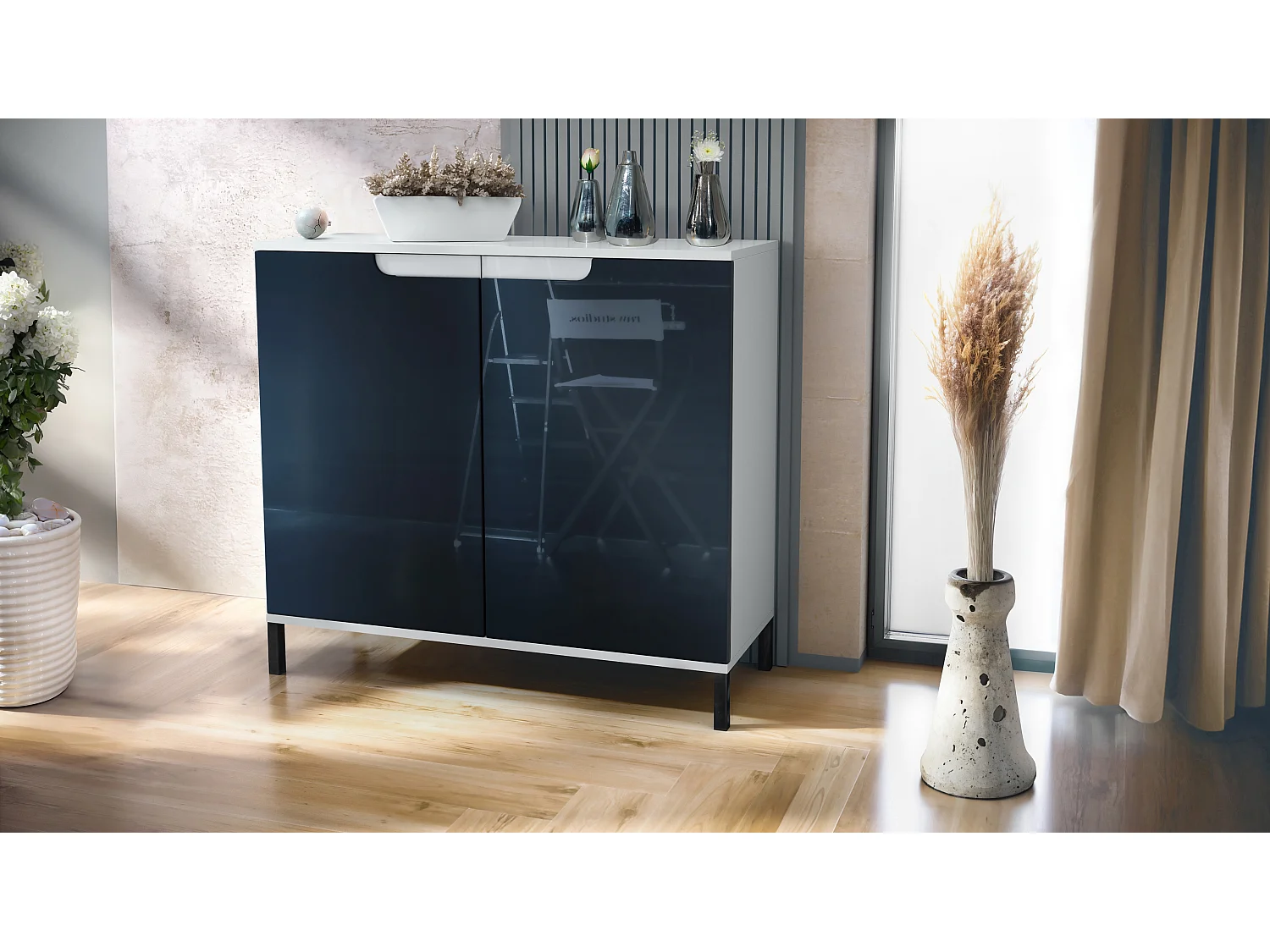 Credenza Sylt V3, Mobile da Cucina Moderno con 2 Grandi Ante bianco opaco / nero lucido (92,5 x 83.5 x 35)