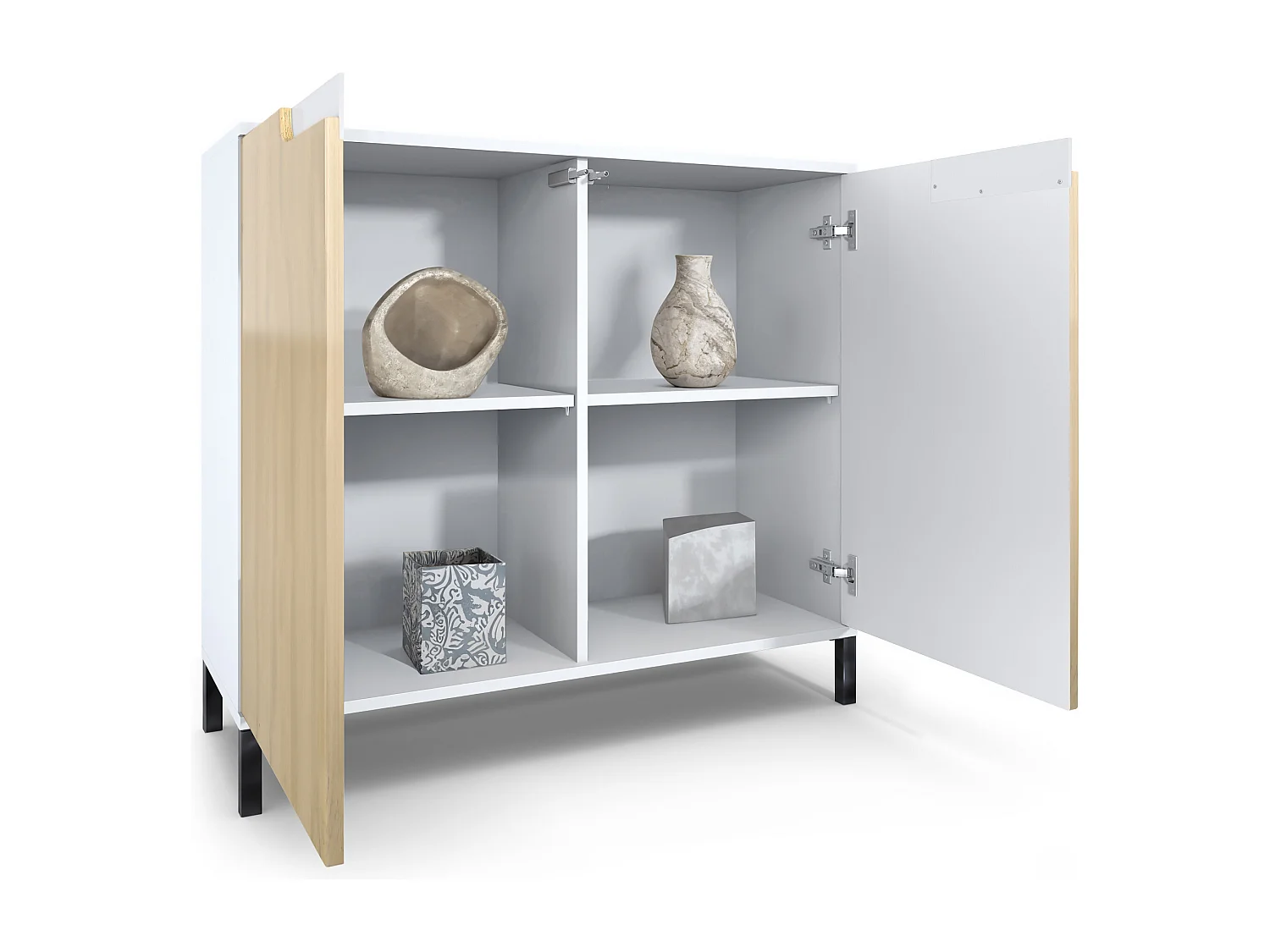 Credenza Sylt V3, Mobile da Cucina Moderno con 2 Grandi Ante bianco opaco / nero lucido (92,5 x 83.5 x 35)