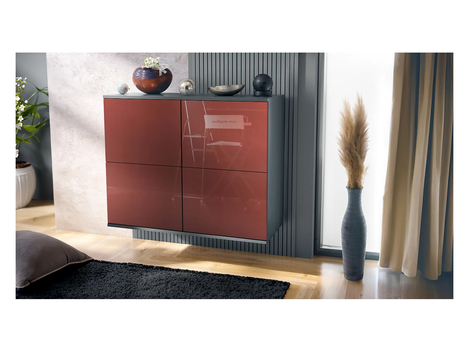 Buffet Rova V3 – Meuble de cuisine moderne avec 4 portes Push-to-Open anthracite mat / bordeaux haute brillance (92,5 x 73.5 x 35)