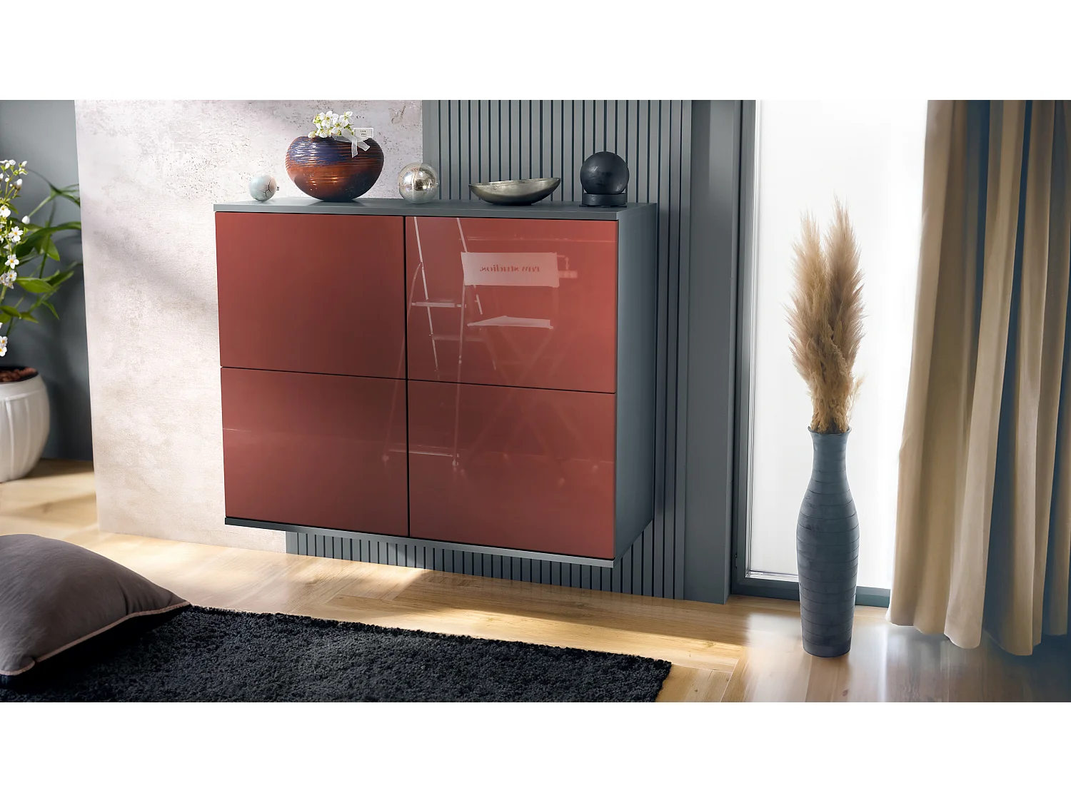 Credenza Rova V3 – Mobile da cucina moderno con 4 ante Push-to-Open antracite opaco  / bordeaux lucido (92,5 x 73.5 x 35)