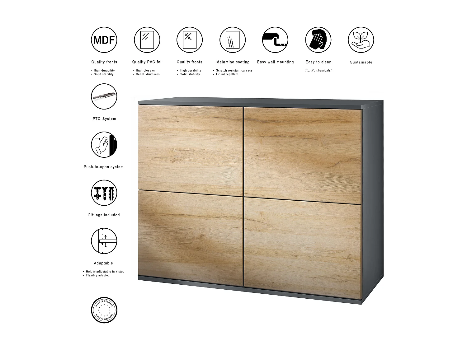 Credenza Rova V3 – Mobile da cucina moderno con 4 ante Push-to-Open antracite opaco  / bordeaux lucido (92,5 x 73.5 x 35)