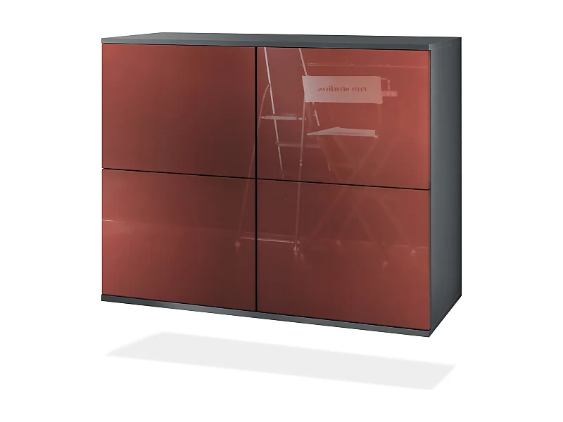 Buffet Rova V3 – Meuble de cuisine moderne avec 4 portes Push-to-Open anthracite mat / bordeaux haute brillance (92,5 x 73.5 x 35)