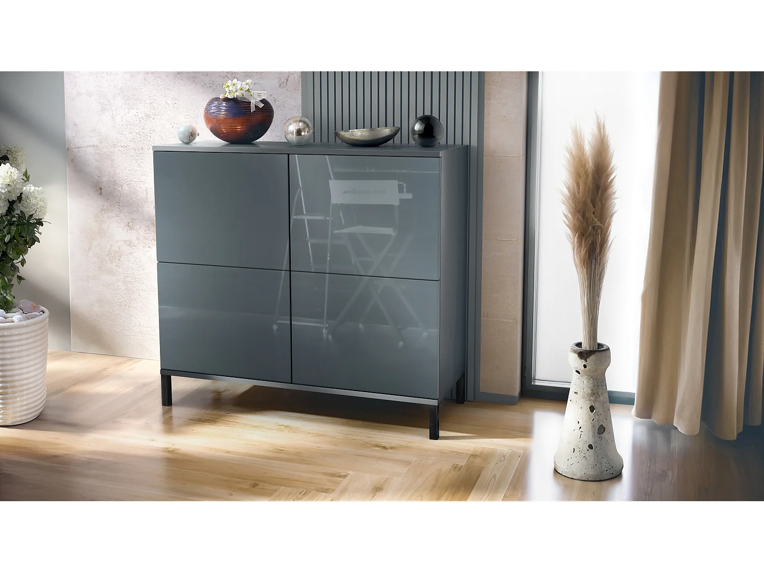 Credenza Rova V3 – Mobile da cucina moderno con 4 ante Push-to-Open antracite opaco  / grigio lucido (92,5 x 83.5 x 35)