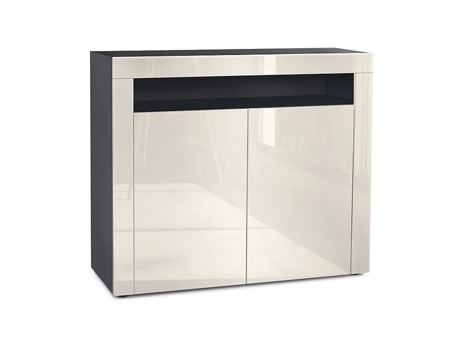 Buffet Valencia, Commode avec 2 portes et 1 compartiment ouvert, Noir mat/crème haute brillance/crème haute brillance (108 x 92 x 40 cm)