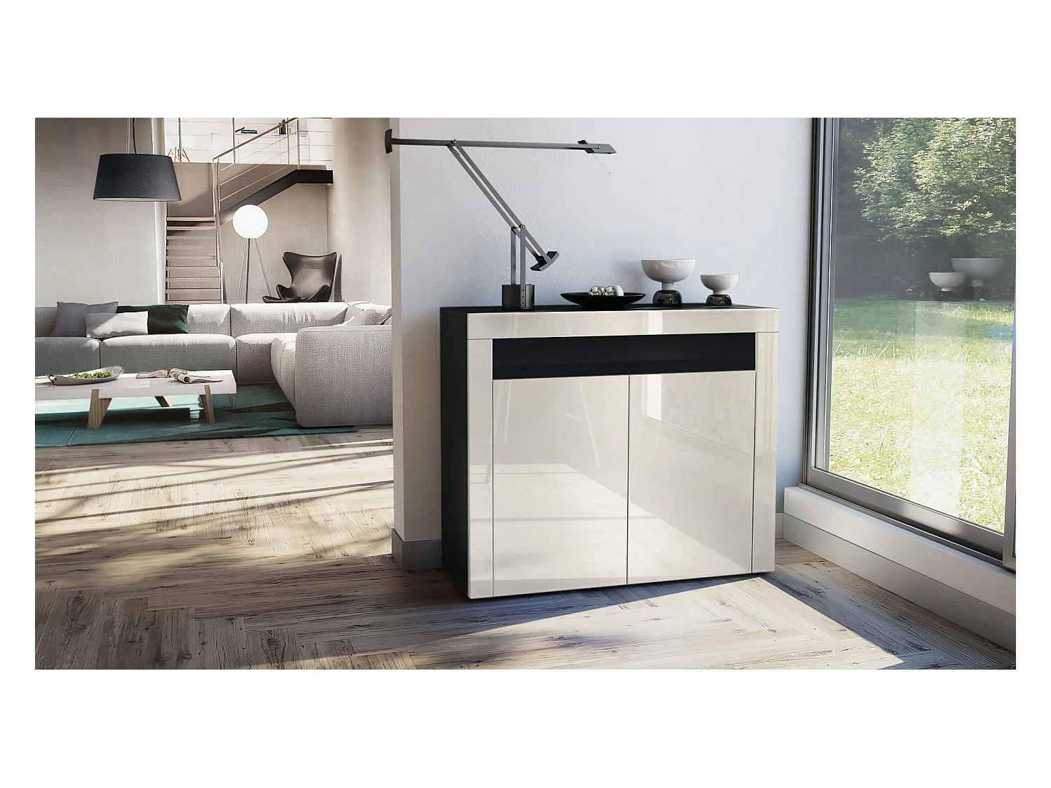 Buffet Valencia, Commode avec 2 portes et 1 compartiment ouvert, Noir mat/crème haute brillance/crème haute brillance (108 x 92 x 40 cm)