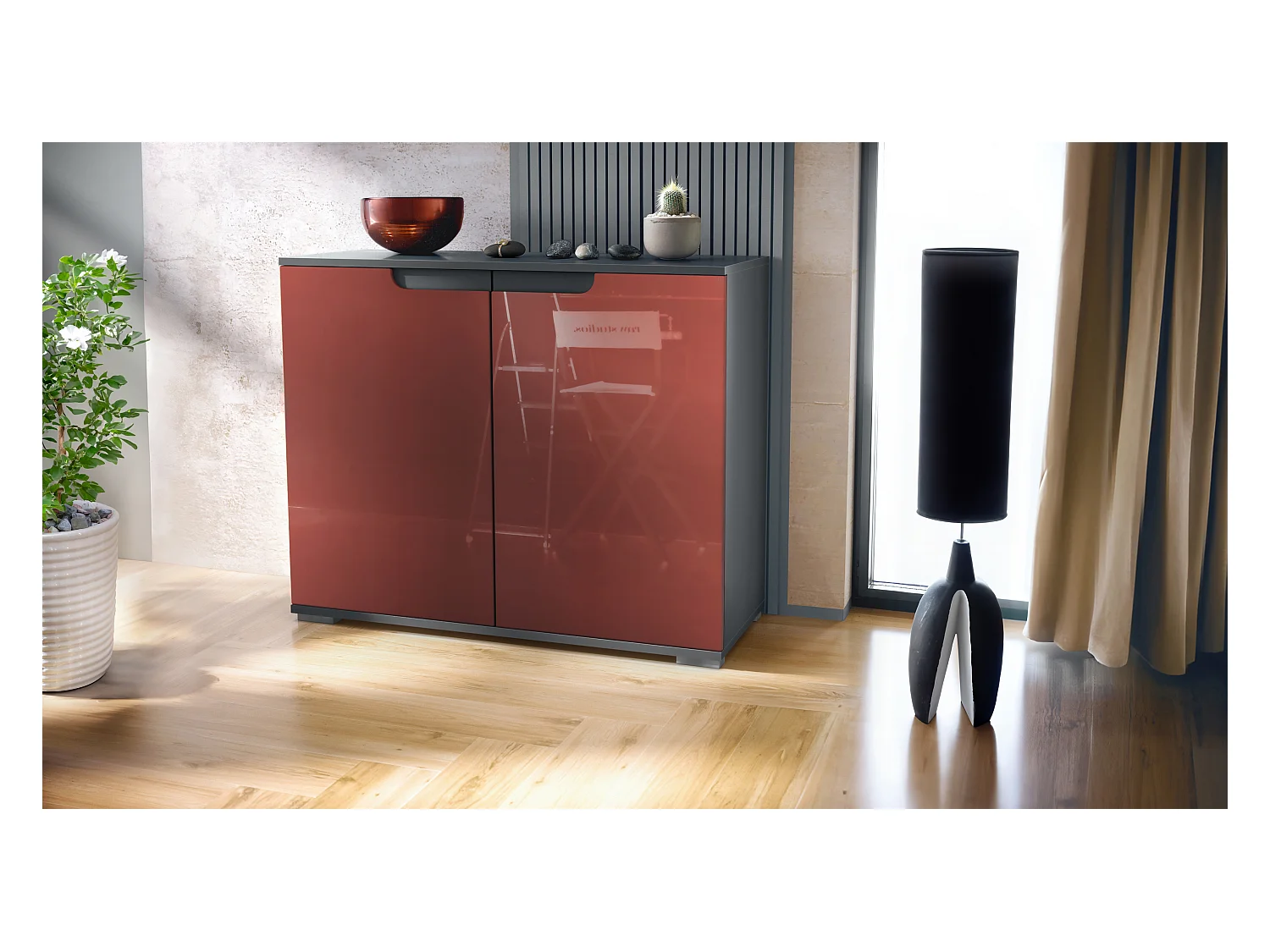 Commode Sylt V3, Buffet de Cuisine Moderne avec 2 Grandes Portes anthracite mat / bordeaux haute brillance (92,5 x 75.5 x 35)