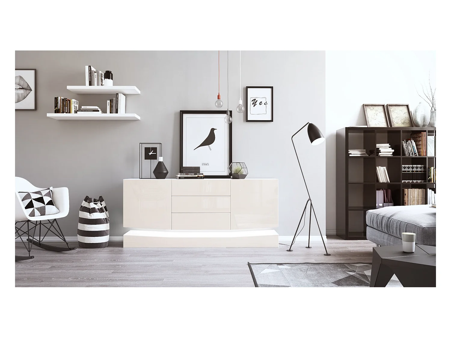 Sideboard City, blanc mat/crème haute brillance y compris LED - Commode moderne pour votre salon (178 x 72 x 38 cm)
