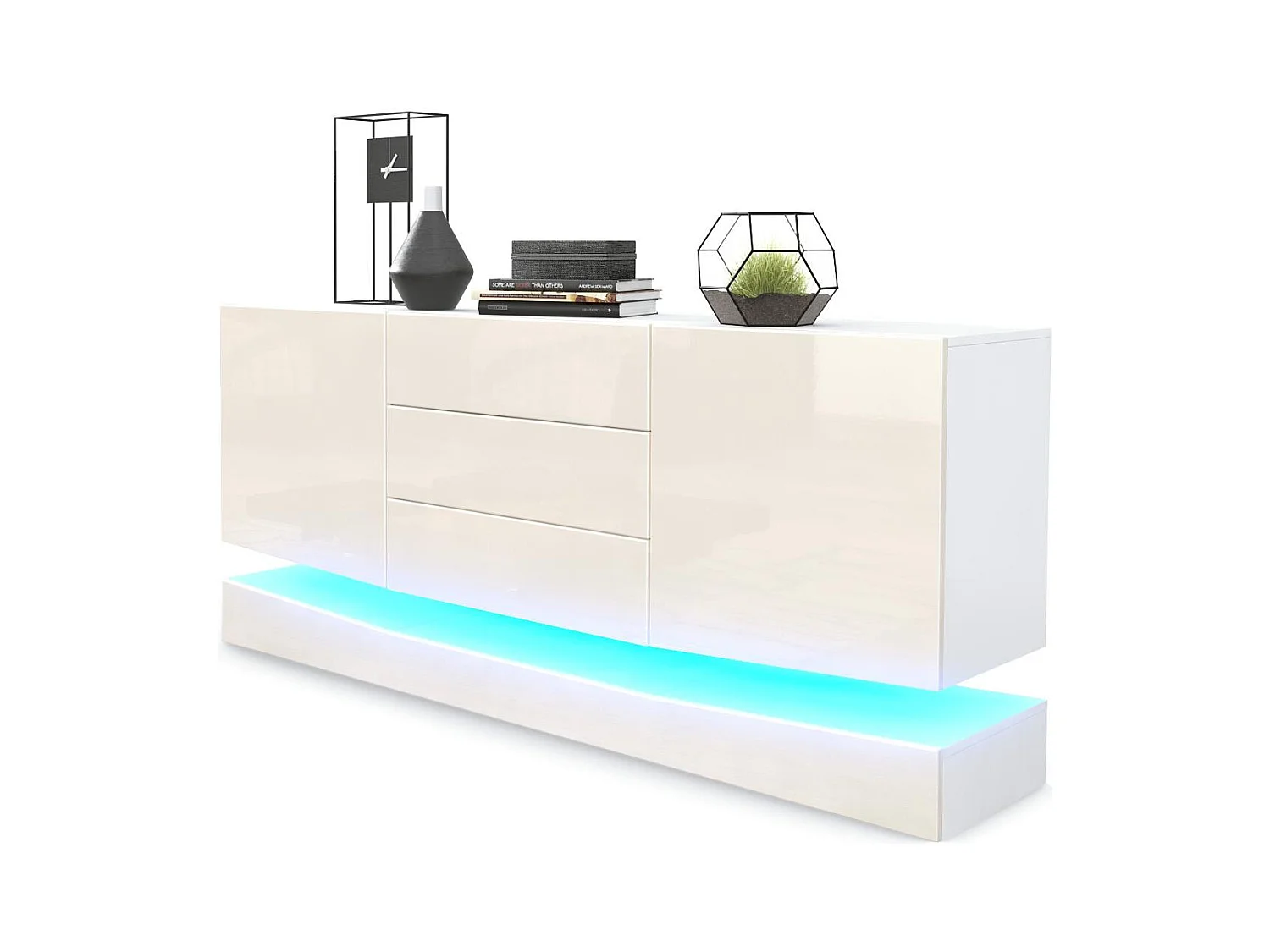 Sideboard City, blanc mat/crème haute brillance y compris LED - Commode moderne pour votre salon (178 x 72 x 38 cm)