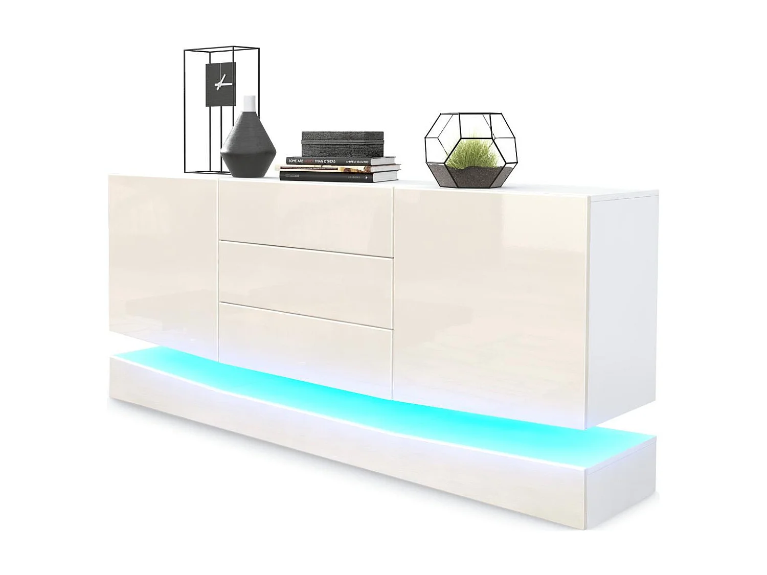 Vladon Sideboard City, bianco opaco/beige lucido incl. LED - Cassettiera moderna per la zona giorno (178 x 72 x 38 cm)