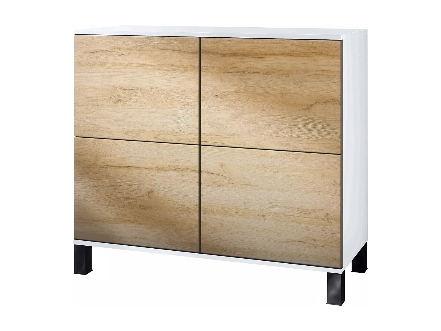 Buffet Rova V3 – Meuble de cuisine moderne avec 4 portes Push-to-Open blanc mat / chêne nature (92,5 x 84.5 x 35)