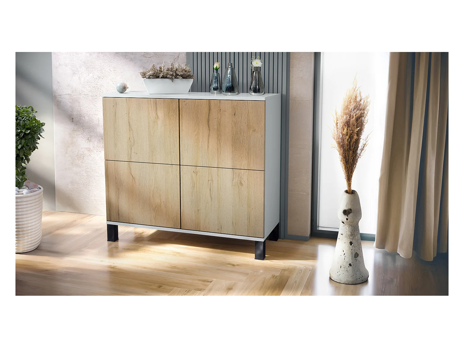 Buffet Rova V3 – Meuble de cuisine moderne avec 4 portes Push-to-Open blanc mat / chêne nature (92,5 x 84.5 x 35)