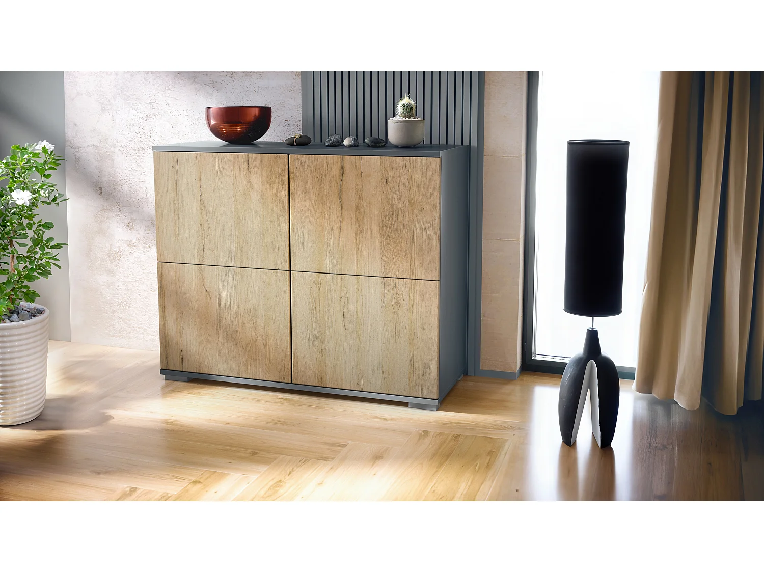 Credenza Rova V3 – Mobile da cucina moderno con 4 ante Push-to-Open antracite opaco  / rovere naturale (92,5 x 75.5 x 35)
