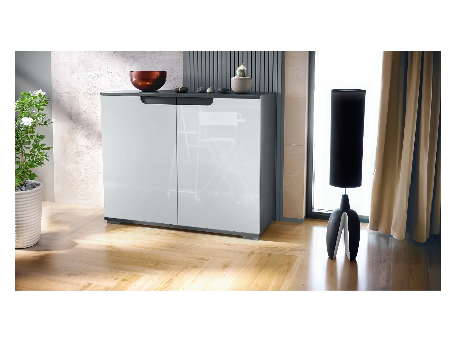 Commode Sylt V3, Buffet de Cuisine Moderne avec 2 Grandes Portes anthracite mat / blanc haute brillance (92,5 x 75.5 x 35)