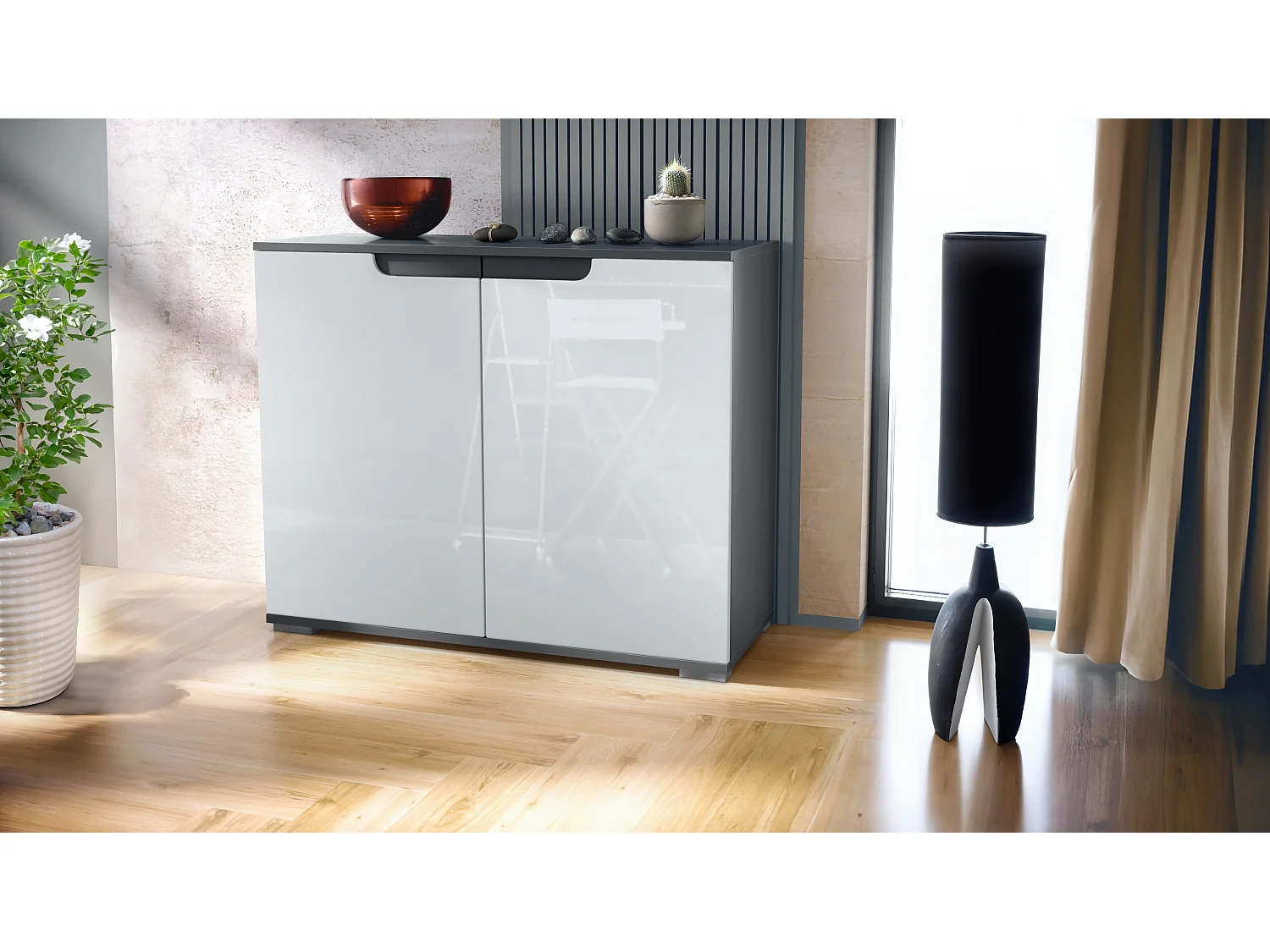 Commode Sylt V3, Buffet de Cuisine Moderne avec 2 Grandes Portes anthracite mat / blanc haute brillance (92,5 x 75.5 x 35)